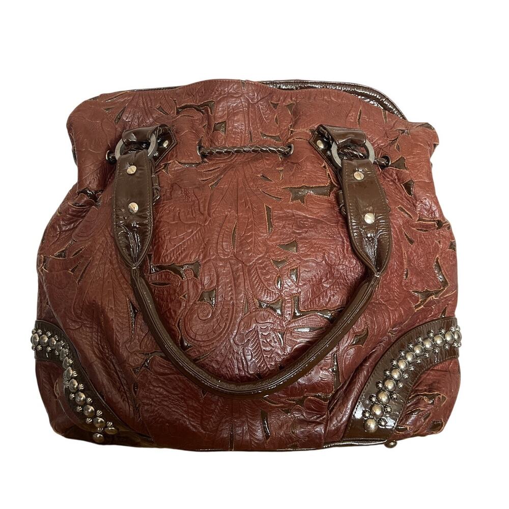 Kippys Brown Glossed Leather Floral Embossed Large Shoulder Bag‎ - Picture 2 of 12